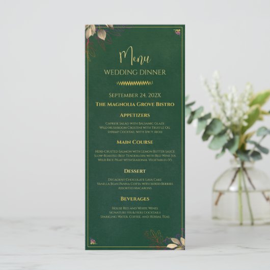 Elegante Emerald Green & Gold bruiloft diner Menu (Staand voorkant)