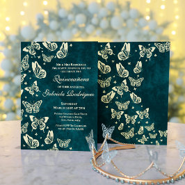 Elegante Emerald Green Gold Butterfly Quinceañera Kaart