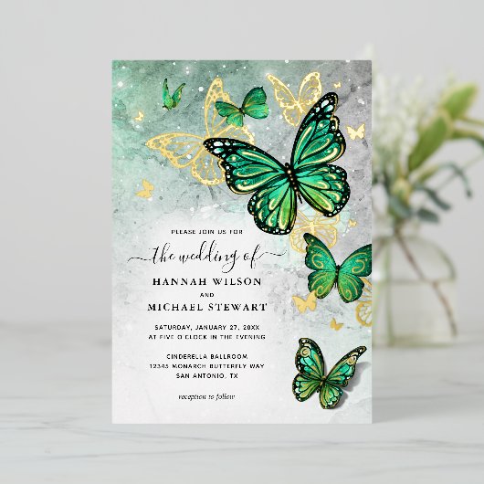 Elegante Emerald Green Gold Butterfly Wedding Real Folie Uitnodiging (Staand Voorkant)
