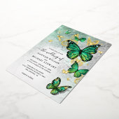 Elegante Emerald Green Gold Butterfly Wedding Real Folie Uitnodiging (Gedraaid)