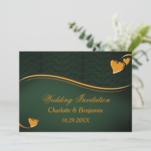 Elegante Emerald Green & Gold Heart Wedding Kaart (Staand voorkant)