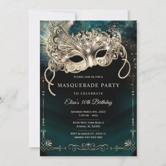 Elegante Emerald Green Gold Masquerade Party Kaart (Voorkant)