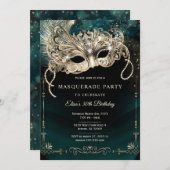 Elegante Emerald Green Gold Masquerade Party Kaart (Voorkant / Achterkant)