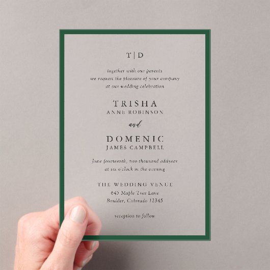 Elegante Emerald Green Monogram Moderne bruiloft Acryl Uitnodigingen (Insitu (Draagbaar))