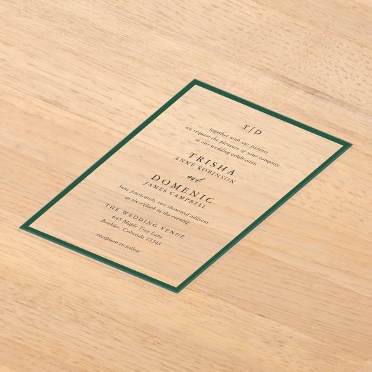 Elegante Emerald Green Monogram Moderne bruiloft Acryl Uitnodigingen (Laagn)