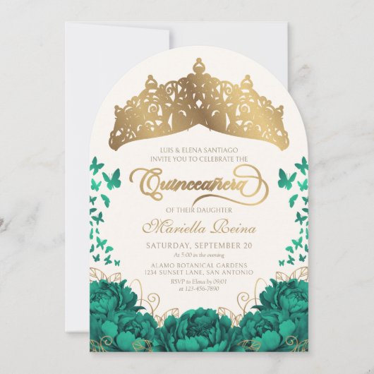 Elegante Emerald Green Princess Crown Quinceanera Kaart (Voorkant)