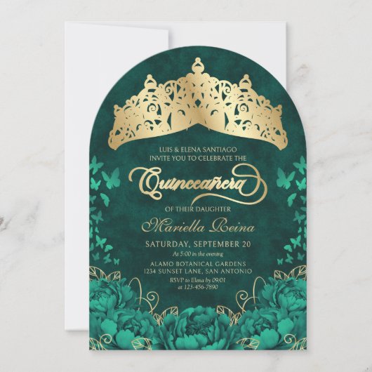 Elegante Emerald Green Princess Crown Quinceanera Kaart (Voorkant)