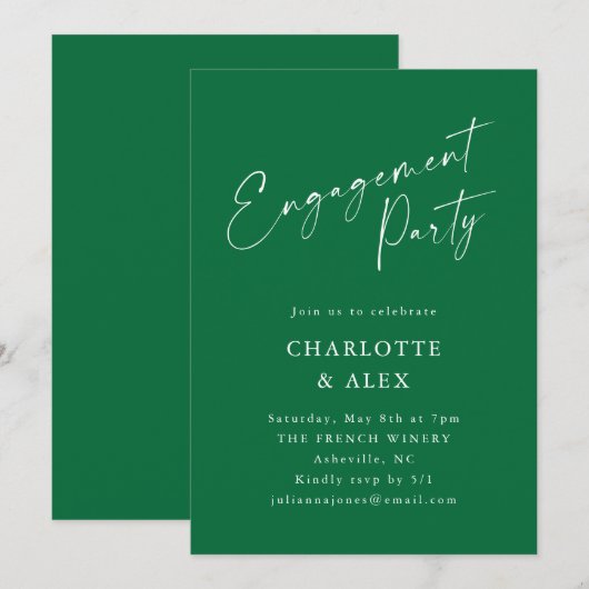 Elegante Emerald Green Script Engagement Party Kaart (Voorkant / Achterkant)