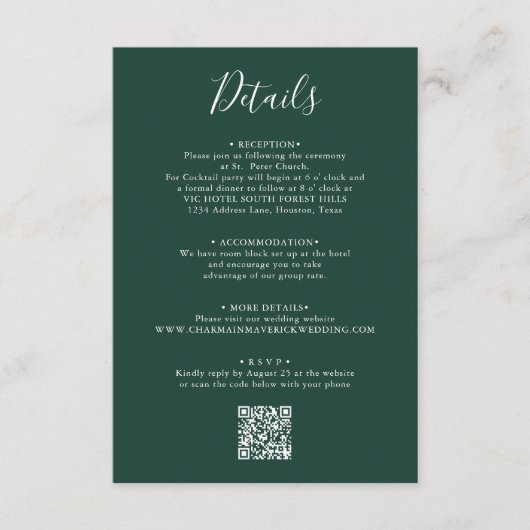 Elegante Emerald Green Script Wedding QR-code Informatiekaartje (Voorkant)