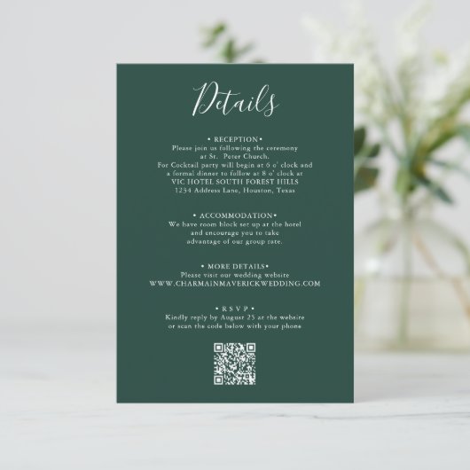 Elegante Emerald Green Script Wedding QR-code Informatiekaartje (Staand voorkant)