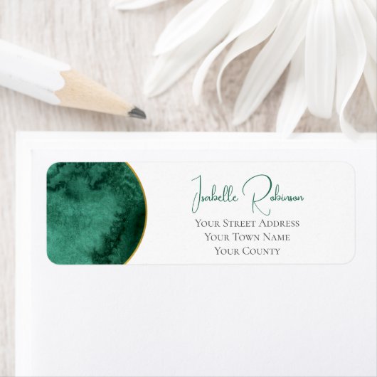 Elegante Emerald Green Waterverf Gold Wedding Etiket (Insitu)
