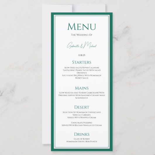 Elegante Emerald Green Wedding Menu Kaart (Voorkant)