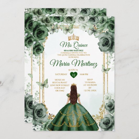 Elegante Emerald Groen & Goud Mis Quince Sweet 16e Kaart (Voorkant / Achterkant)