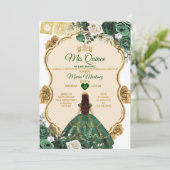 Elegante Emerald Groen & Gouden Kroon Quinceañera Kaart (Staand voorkant)