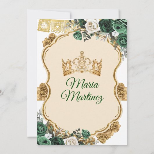 Elegante Emerald Groen & Gouden Kroon Quinceañera Kaart (Achterkant)