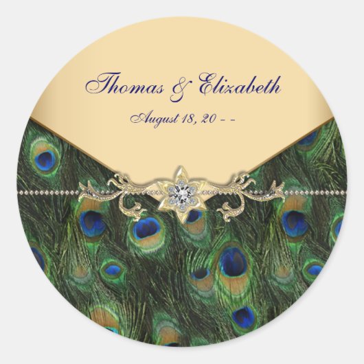 Elegante Emerald Groene en Gouden Peacock Bruiloft Ronde Sticker (Voorkant)