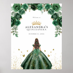 Elegante Emerald Quinceañera Floral Faux Folie Poster