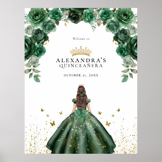Elegante Emerald Quinceañera Floral Faux Folie Poster (Voorkant)