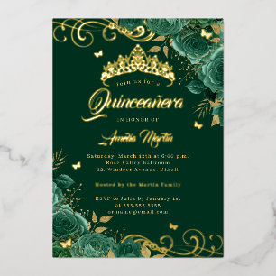 Elegante Emerald Roos Swirl Gold Quinceanera Folie Uitnodiging