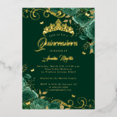 Elegante Emerald Roos Swirl Gold Quinceanera Folie Uitnodiging (Voorkant)