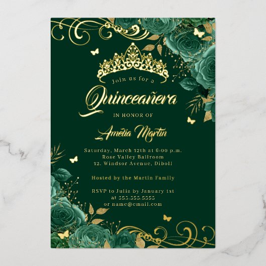 Elegante Emerald Roos Swirl Gold Quinceanera Folie Uitnodiging (Voorkant)