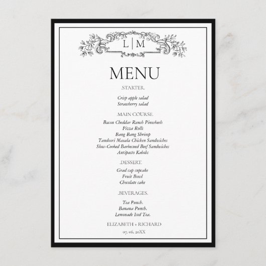 Elegante en chic couple shower Bruidsfeest Menu (Voorkant)