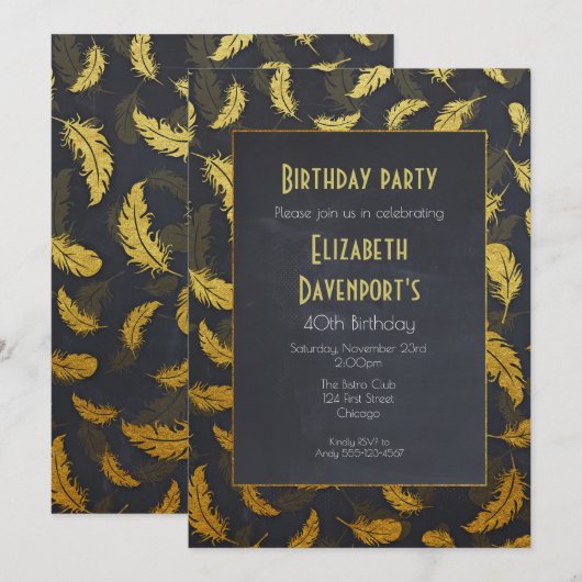 Elegante en chique zwart en gouden veren verjaarda kaart (Voorkant / Achterkant)