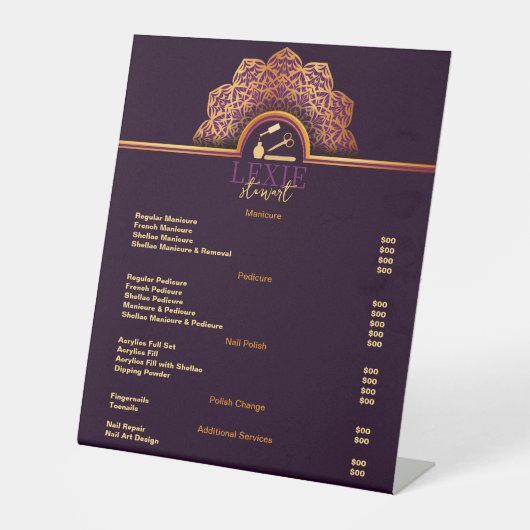 Elegante en Classy Nail Tech prijslijst Reclamebord Met Voetstuk (Voorkant)