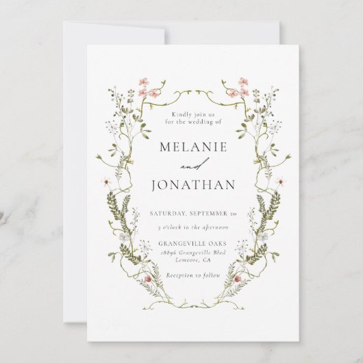 Elegante en delicate bloemenkrans bruiloft kaart (Voorkant)