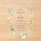 Elegante en delicate gele bloemenkrans bruiloft acryl uitnodigingen (Voorkant)