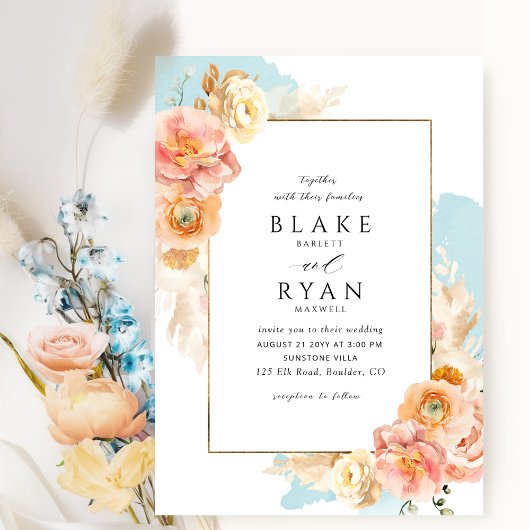 Elegante en Eenvoudige Aqua, Perzik en Blush Bruil Kaart