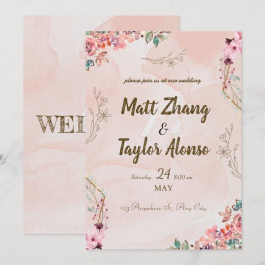 Elegante en eenvoudige huwelijksuitnodiging met bl kaart (Voorkant / Achterkant)