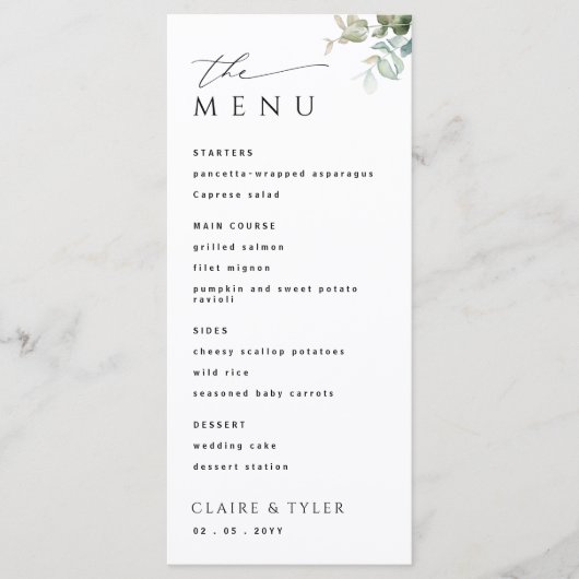 Elegante en eenvoudige moderne groen bruiloft menu (Voorkant)