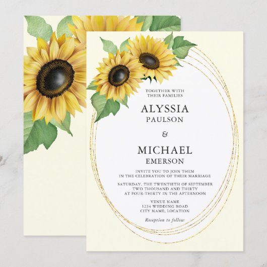 Elegante en Eenvoudige Zonnebloem Bruiloft Kaart (Voorkant / Achterkant)