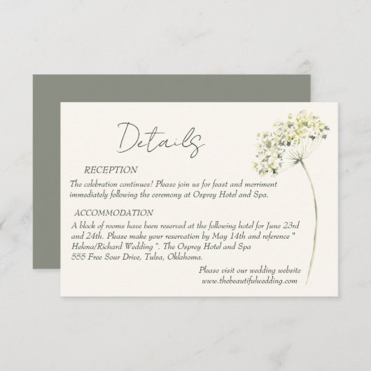 Elegante en groene bloemige trouwdetails kaart (Voorkant / Achterkant)