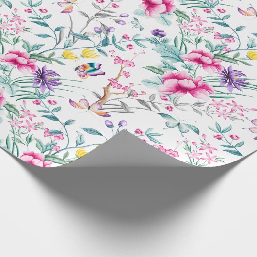 Elegante en Kleurrijke Bloemen & Vlinders Cadeaupapier (Hoek)