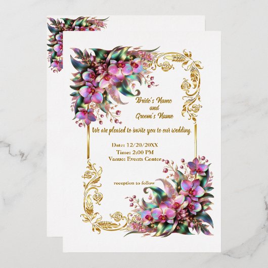 Elegante en levendige Orchidee Bloemen Bruiloft Ui Folie Uitnodiging (Voorkant / Achterkant)