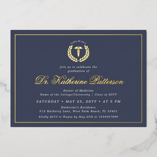 Elegante en minimalistische medische school Afstud Folie Uitnodiging (Voorkant)