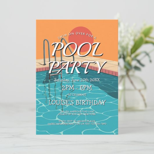 Elegante en moderne blauwe zwembadfeest uitnodigin kaart (Staand voorkant)