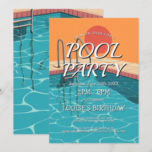 Elegante en moderne blauwe zwembadfeest uitnodigin kaart (Voorkant / Achterkant)