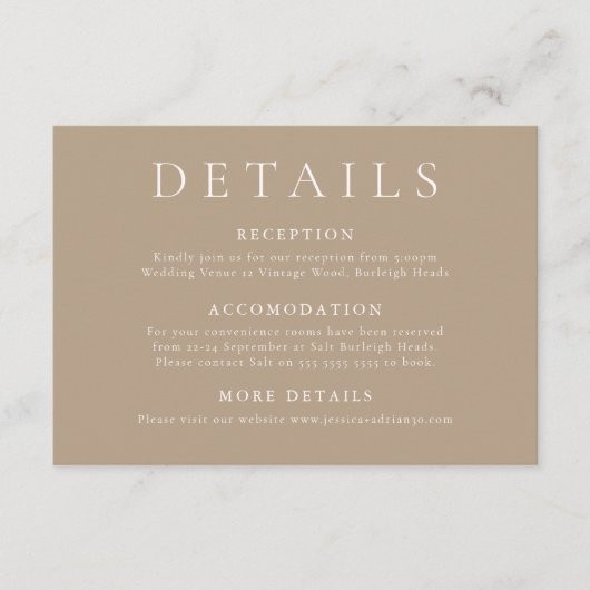 Elegante en moderne Bleke Taupe Wedding Details Informatiekaartje (Voorkant)