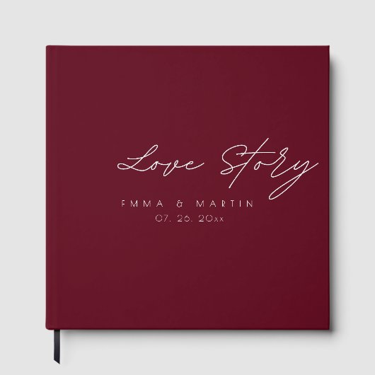 Elegante en moderne Bourgondische Script Wedding Gastenboek (Voorkant)