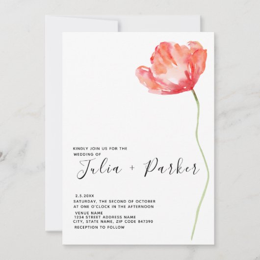 Elegante en moderne papaver rode bruiloft kaart (Voorkant)