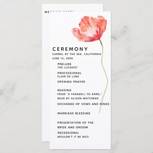 Elegante en Moderne Poppy Rode Huwelijksceremonie Programmakaart (Voorkant / Achterkant)