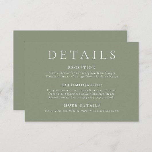 Elegante en moderne Sage Green Wedding Details Informatiekaartje (Voorkant / Achterkant)