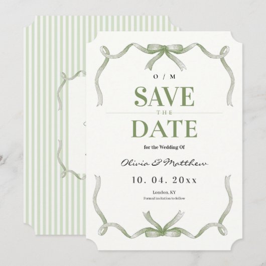 Elegante en moderne saliegroene trouw save the date (Voorkant / Achterkant)