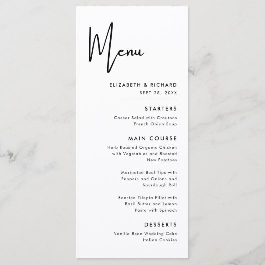 Elegante en moderne zwart-wit bruiloft menu (Voorkant)