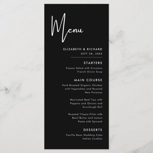Elegante en moderne zwart-wit bruiloft menu (Voorkant)