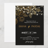 Elegante en moderne zwarte en gouden verlovingsrin kaart (Voorkant / Achterkant)