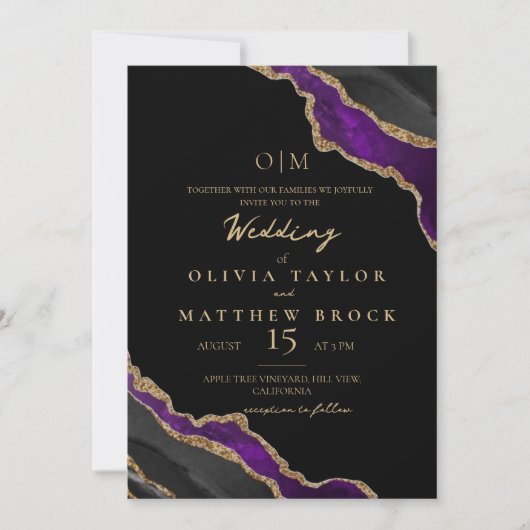 Elegante en moderne zwarte paarse trouwuitnodiging kaart (Voorkant)